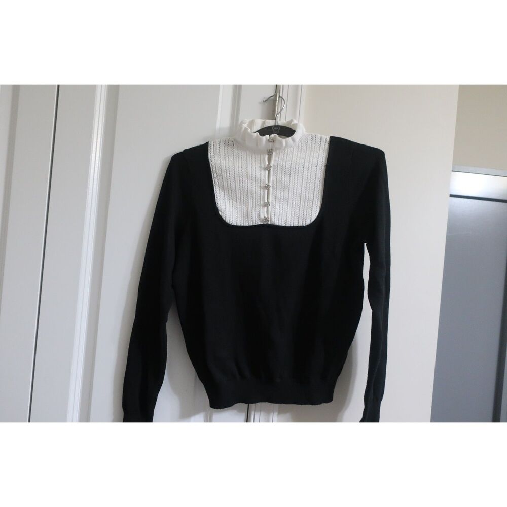 Sandro Black Sweater with White Collar and Rhinestone Buttons Small Preowned